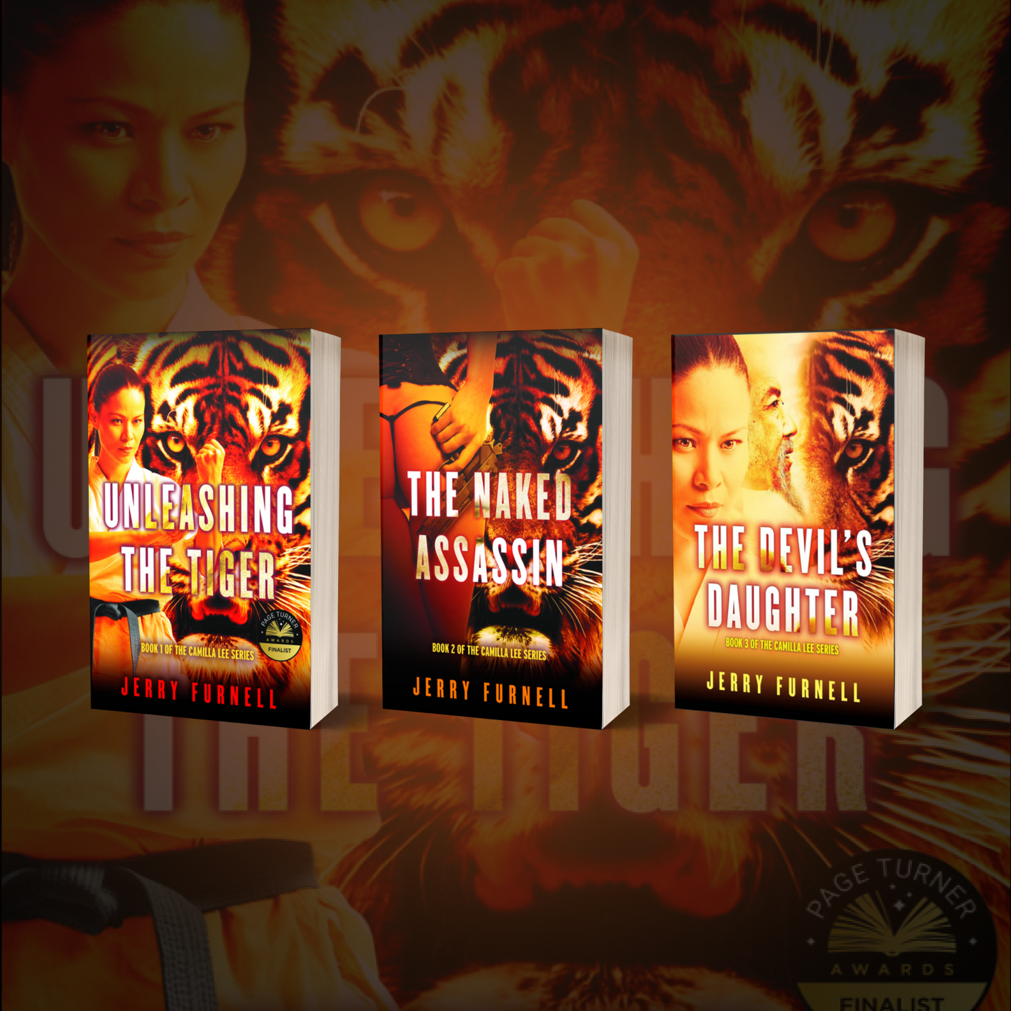 Three paperback books with orange and black covers, featuring a woman in a fighting stance with a tiger in the background. The books are titled 'The Made Assassin', 'The Devil's Daughter', and 'The Naked Assassin'.