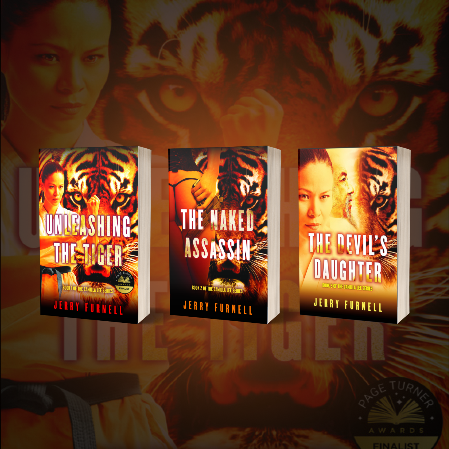 Three paperback books with orange and black covers, featuring a woman in a fighting stance with a tiger in the background. The books are titled 'The Made Assassin', 'The Devil's Daughter', and 'The Naked Assassin'.