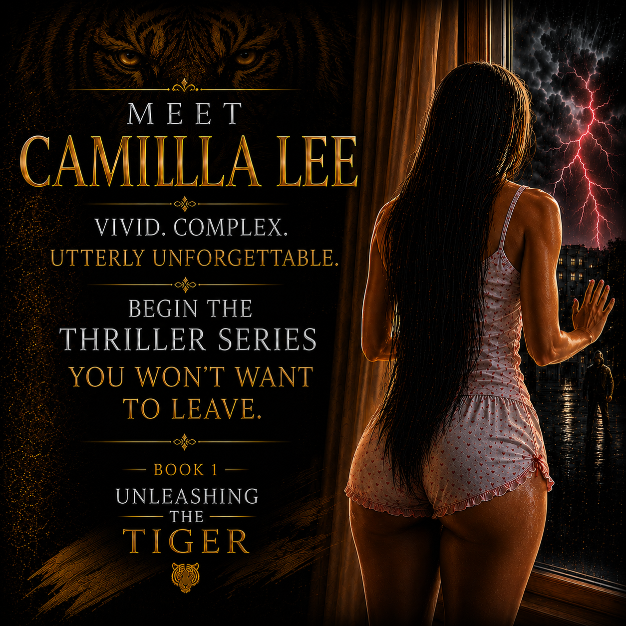 Banner for 'Unleashing the Tiger', Book 1 of the Naked Assassin Thriller Series, Featuring Camilla Lee - vivid, complex, unforgettable. Showing an athletic woman in a pink polka-dot nightgown looking out a window at a storm, next to bold gold and white text on a dark background with a tiger's face.