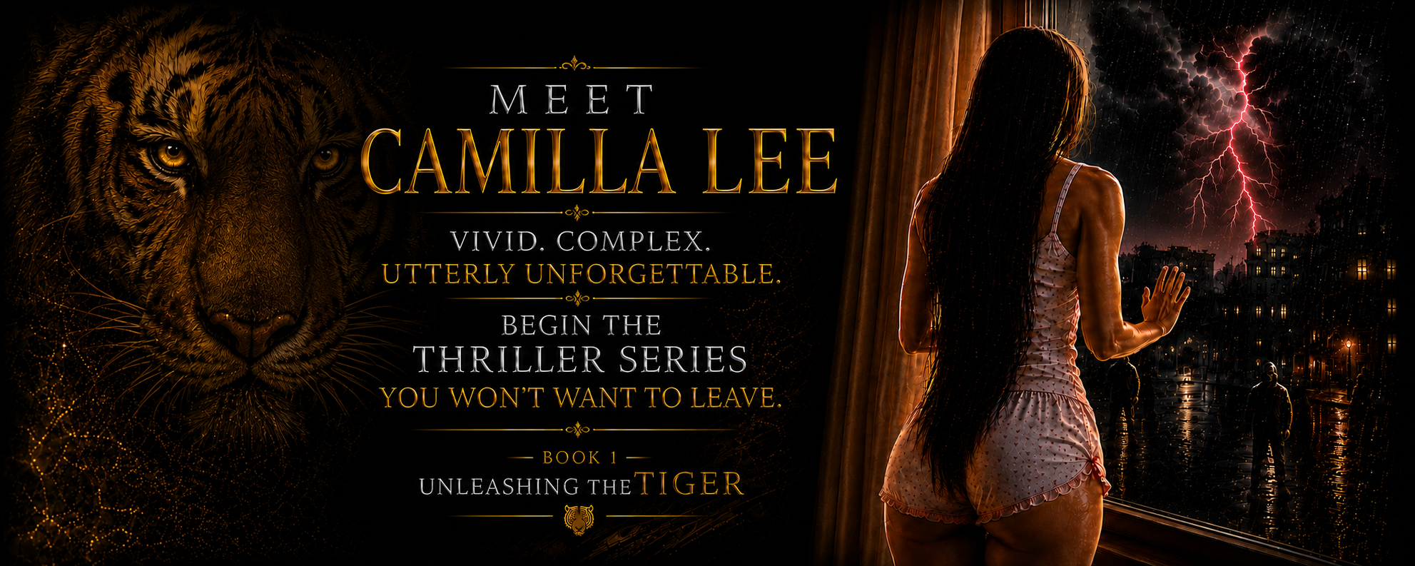 Banner artwork for 'Meet Camilla Lee' , featuring a large tiger face on the left, a woman named Camilla Lee in white polka dot nightwear looking out a window on the right, and stormy city scenery with lightning in the background.