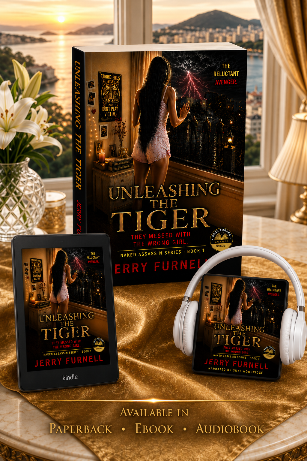Book cover mockup for 'Unleashing the Tiger' by Jerry Furnell, shown as a paperback book, an ebook on a phone, and an audiobook on white headphones against a luxurious background overlooking a harbour .